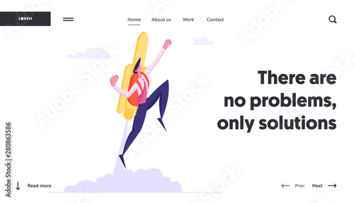 Business Career Boost, Start Up and Growth Website Landing Page, Businessman Flying Off with Jet Pack. Office Worker with Rocket Take Off the Ground. Web Page. Cartoon Flat Vector Illustration, Banner