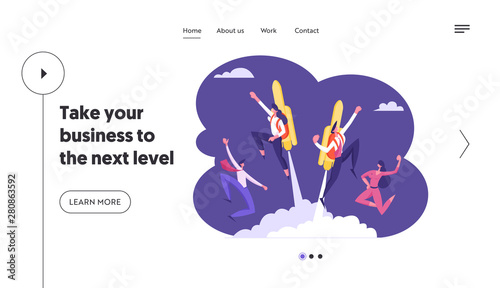 Leadership, Success. Website Landing Page, Happy Business Workers See Off Colleagues Flying Off with Jet Pack. Man and Woman Fly Up, Career Boost Web Page. Cartoon Flat Vector Illustration, Banner