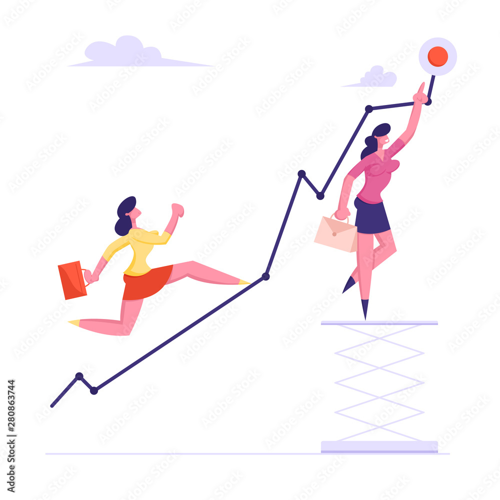 Business Woman Running Up by Growing Broken Curve Line to Red Point, Business Woman on Lifting Platform with Briefcase Show Destination, Increasing Profit, Challenge Cartoon Flat Vector Illustration Business Woman Running Up by Growing Broken Curve Line to Red Point, Business Woman on Lifting Platform with Briefcase Show Destination, Increasing Profit, Challenge Cartoon Flat Vector Illustration