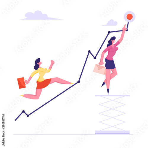 Business Woman Running Up by Growing Broken Curve Line to Red Point, Business Woman on Lifting Platform with Briefcase Show Destination, Increasing Profit, Challenge Cartoon Flat Vector Illustration