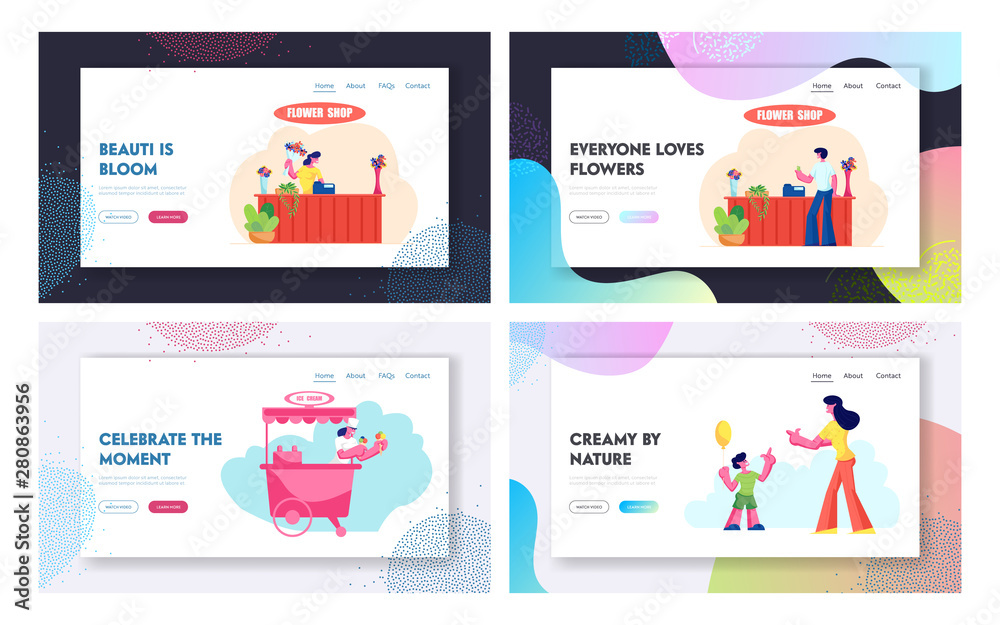 Flower Shop, Ice Cream Stall, Mother with Son Sparetime Website Landing Page Set, Man Buy Bouquet in Store, Saleswoman in Kiosk, Happy Family Leisure Web Page. Cartoon Flat Vector Illustration, Banner