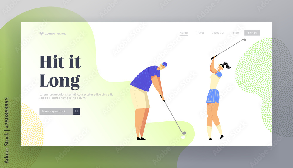 Summer Spare Time, Luxury Recreation, Golfing Website Landing Page, People Playing Golf on Course, Hitting Ball to Hole, Sport Game, Tournament, Web Page. Cartoon Flat Vector Illustration, Banner