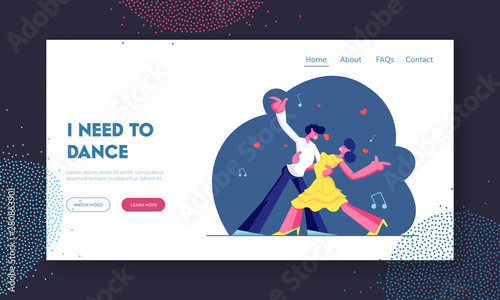 Couple Dancing Tango Website Landing Page, Man and Woman in Loving or Friendly Relations Spend Time Together, Disco Dance Activity, Leisure or Hobby. Web Page. Cartoon Flat Vector Illustration, Banner