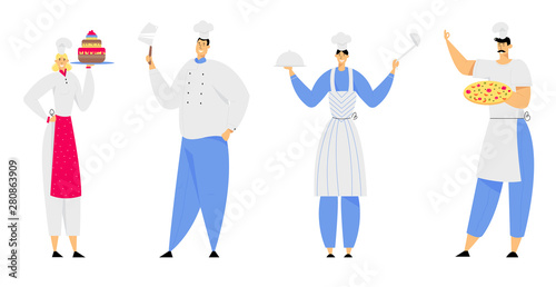 Restaurant Staff Characters in Uniform Demonstrating Menu, Cafe, Pizzeria, Bakery Shop, Hospitality, Young Man and Woman Chef in Toque and Apron Holding Pizza, Cake Cartoon Flat Vector Illustration