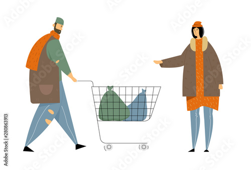 Male and Female Beggars Characters Wearing Ragged Clothing Pick Up Garbage on Street to Shopping Cart, Homeless Adult Poor People, Bums Begging Money and Need Help, Cartoon Flat Vector Illustration