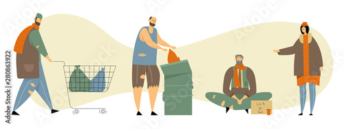 Set of Homeless Adult People Begging Money, Need Help and Work, Male and Female Beggars Characters Wearing Ragged Clothing Pick Up Garbage on Street, Bums Lifestyle Cartoon Flat Vector Illustration
