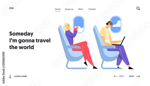 Airline Transportation Service, Travel Website Landing Page, Young Man Sitting in Airplane Working on Laptop, Woman Reading Book, Passengers in Plane Web Page. Cartoon Flat Vector Illustration, Banner