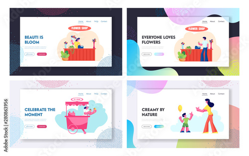 Flower Shop, Ice Cream Stall, Mother with Son Sparetime Website Landing Page Set, Man Buy Bouquet in Store, Saleswoman in Kiosk, Happy Family Leisure Web Page. Cartoon Flat Vector Illustration, Banner