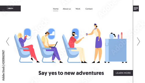 Airplane Crew and Passenger in Plane Website Landing Page, Stewardess Serving People in Economy Class of Aircraft. Airline Transportation Service Web Page. Cartoon Flat Vector Illustration, Banner