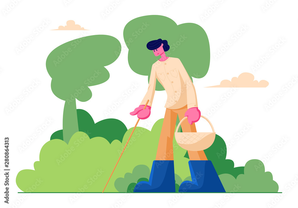 Happy Man Character with Basket and Stick in Hands Searching Mushrooms in Forest, Spend Time Outdoors at Autumn Season, People Walking in Forest, Fall Activity, Hobby