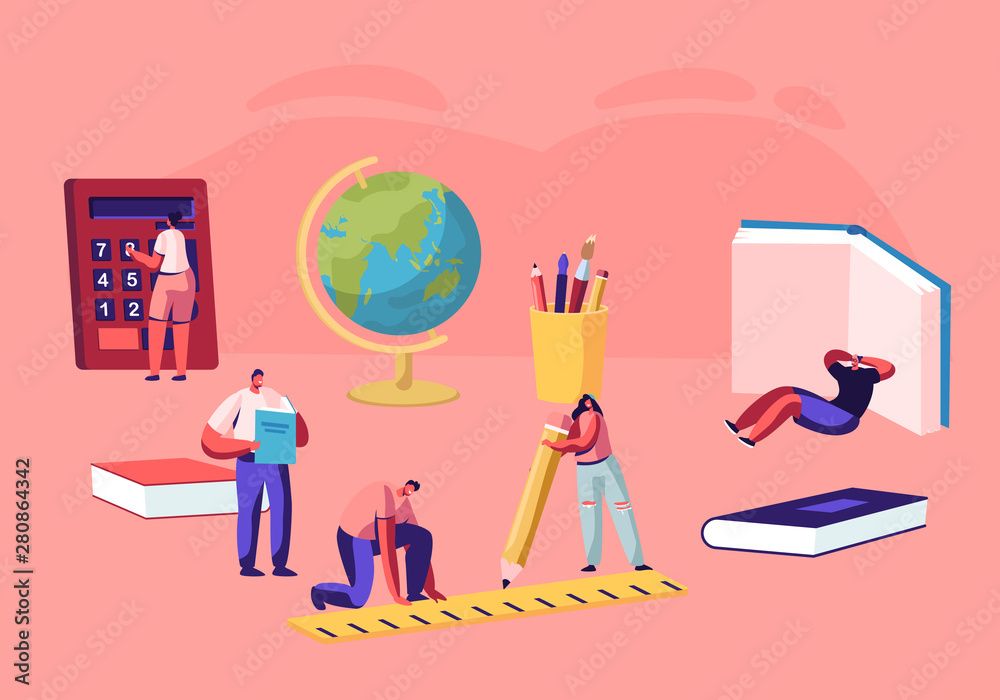 Education Concept, Tiny Male and Female Characters with School Stationery, College or University Students with Book, Calculator, Ruler, Globe, Back to School Knowledge Cartoon Flat Vector Illustration Education Concept, Tiny Male and Female Characters with School Stationery, College or University Students with Book, Calculator, Ruler, Globe, Back to School Knowledge Cartoon Flat Vector Illustration