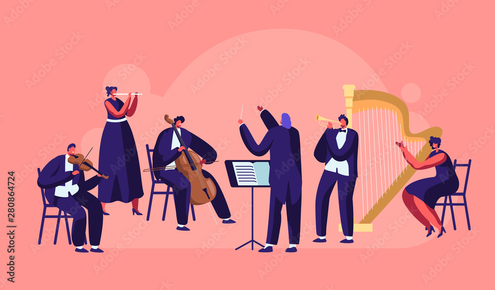 Symphony Orchestra Playing Classical Music Concert, Conductor and