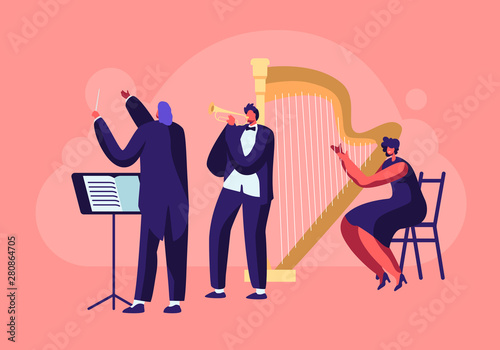 Symphony Orchestra Playing Classical Music Concert, Conductor and Musicians with Instruments Performing on Stage with Trumpet and Harp, Perform on Philharmonic Scene. Cartoon Flat Vector Illustration