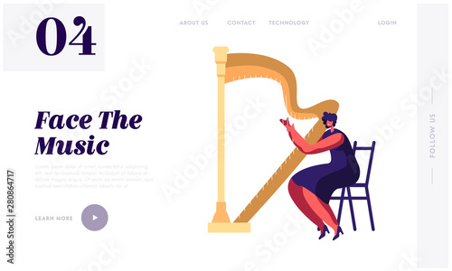Harpist Musician Woman Playing on Harp Website Landing Page, Symphony Orchestra Classical Music Concert, Artist Perform on Stage, Philharmonic Event Web Page. Cartoon Flat Vector Illustration, Banner