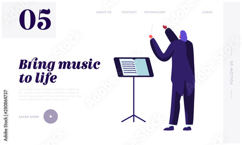 Conductor Wearing Tuxedo Holding Stick at Music Stand, Symphony Orchestra Classical Music Concert Performing on Stage, Theater Website Landing Page, Web Page. Cartoon Flat Vector Illustration, Banner
