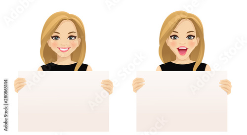 Beautiful smiling excited woman holding empty blank board isolated vector illustration