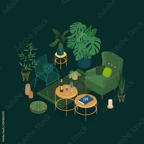 Isometric sun room in emerald green. Vector illustration in flat design.