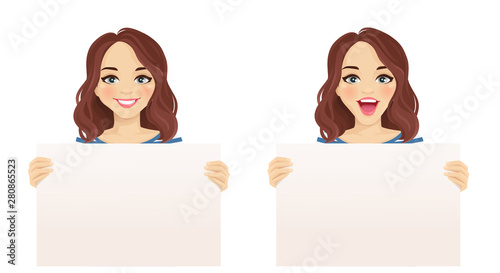 Beautiful smiling excited woman holding empty blank board isolated vector illustration
