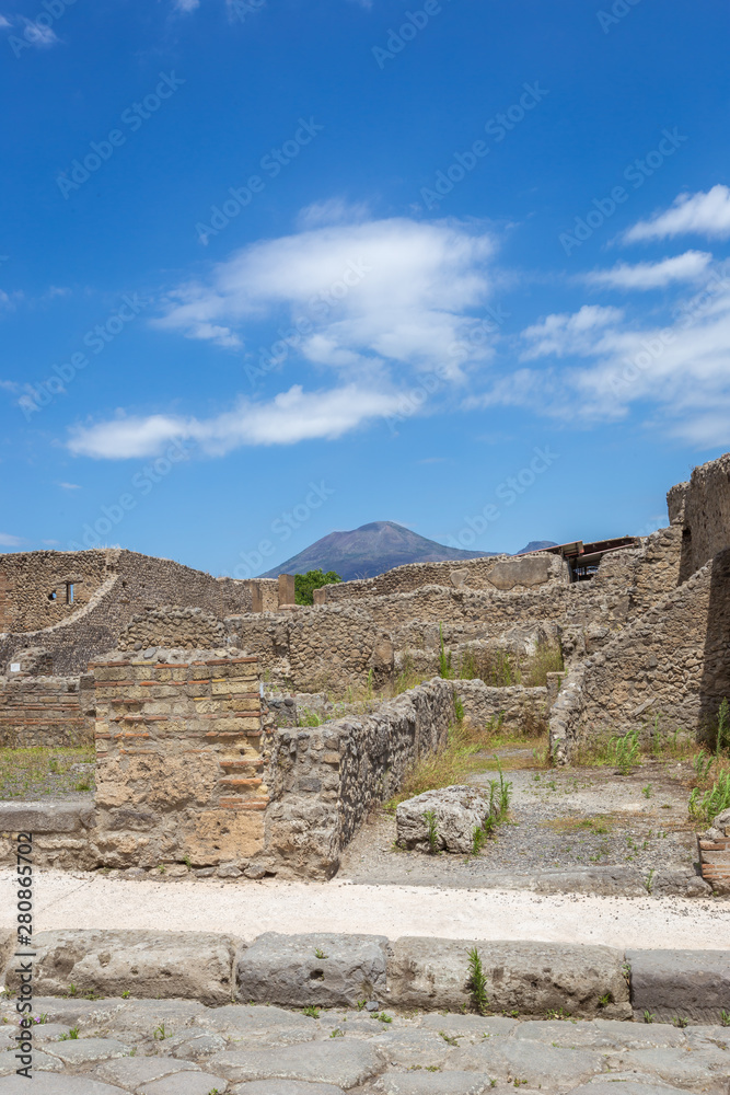 View of the ancient city of Pompeii. Pompeii is an ancient Roman city died from the eruption of Mount Vesuvius in the 1st century. Naples, Italy.