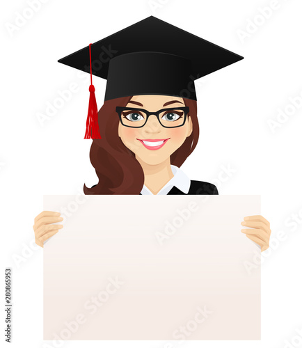 Beautiful smiling student girl with hat of graduation on head holding empty blank board isolated vector illustration