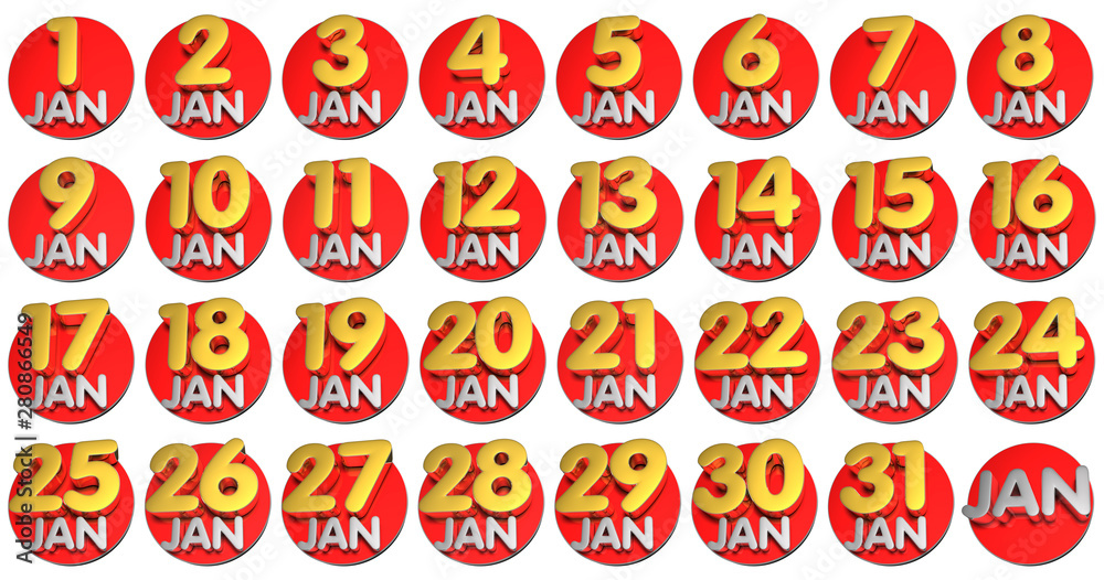 January date 3d rendering on white background.(with Clipping Path).