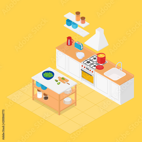Colorful warm isometric kitchen in yellow. Vector illustration in flat design, isolated.