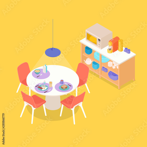 Colorful warm isometric dinning space in yellow. Vector illustration in flat design, isolated.