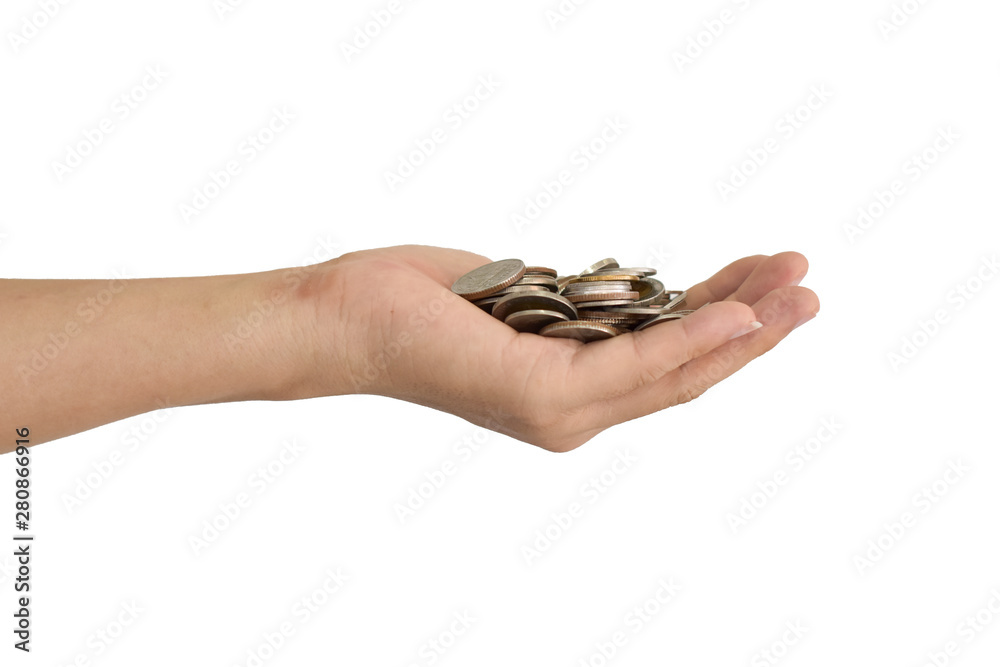 Male hand with coin isolated on white background. Concept money saving.