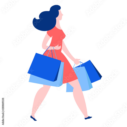 Woman walking with purchase buy paper bags . Summer sale discount black friday start .