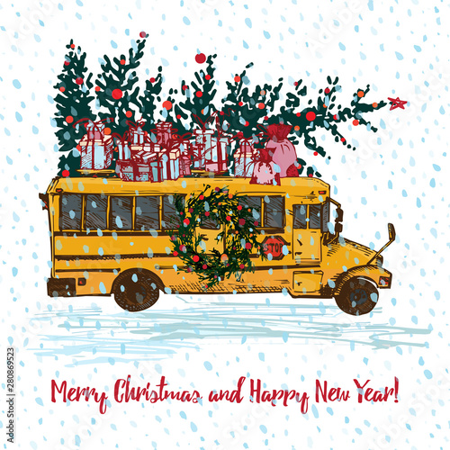 Festive Christmas card. Yellow school bus with fir tree decorated red balls and gifts on roof. White snowy seamless background and text Merry Christmas.