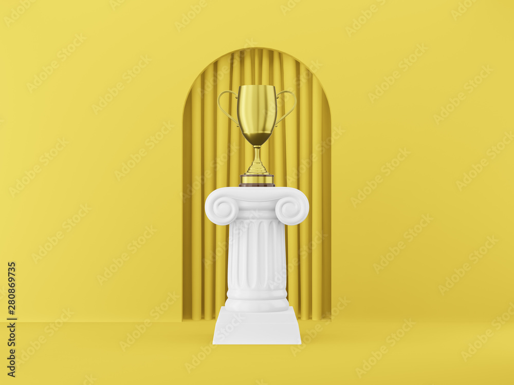Abstract podium column with a golden trophy on the yellow background with arch. The victory pedestal is a minimalist concept. 3D rendering. Abstract podium column with a golden trophy on the yellow background with arch. The victory pedestal is a minimalist concept. 3D rendering.