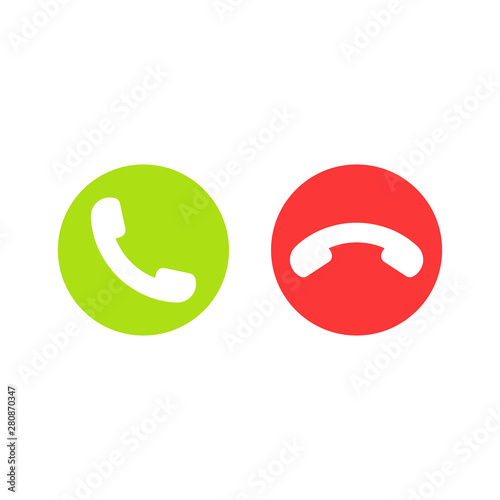 Answer and decline phone call buttons icon. Call button on or off. Green and red. Vector.