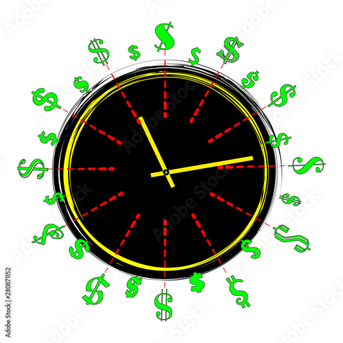 Time is money, a clock with hands .green dollar, business, white. vector