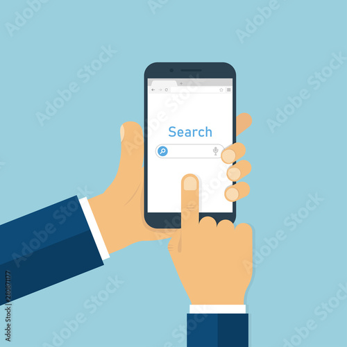 Hand holding smartphone with internet browser search. Internet technology. Browser interface on device.