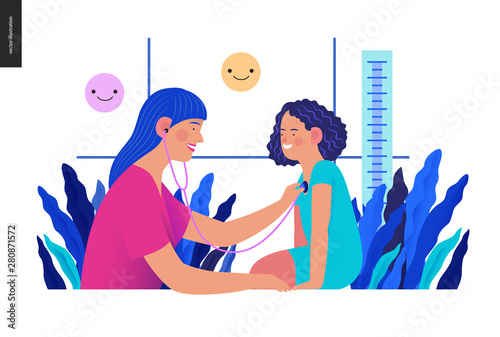 Pediatrics - medical insurance -modern flat vector concept digital illustration - female pediatrician carrying out the auscultation of a little girl with a stethoscope, medical office or laboratory