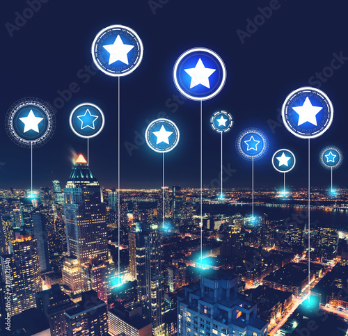 Rating Stars with aerial view of Manhattan, NY skyline