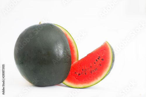 Watermelon isolated on white background. Refreshing slice of ripe, sweet watermelon.
