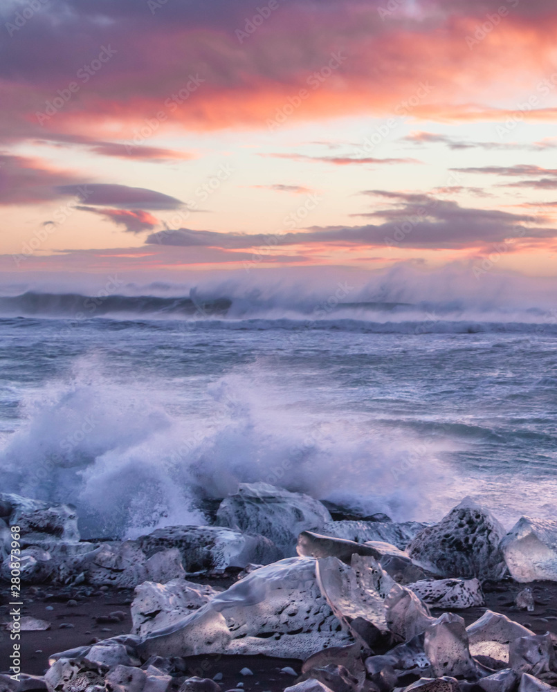 Waves at Diamond Beach during Stormy Weather - Iceland - Winter