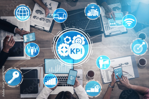 KPI Key Performance Indicator for Business Concept - Modern graphic interface showing symbols of job target evaluation and analytical numbers for marketing KPI management. photo