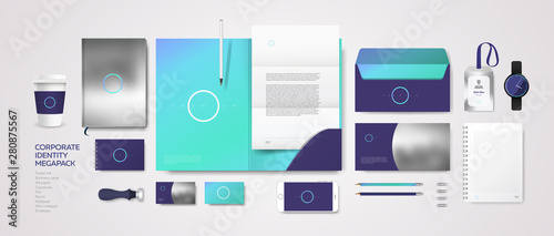 Corporate branding identity template. Stationery megapack design vector mockup with logo and colorful background. Premium set for business. Blue and bright color gradient for vizit card and folder.