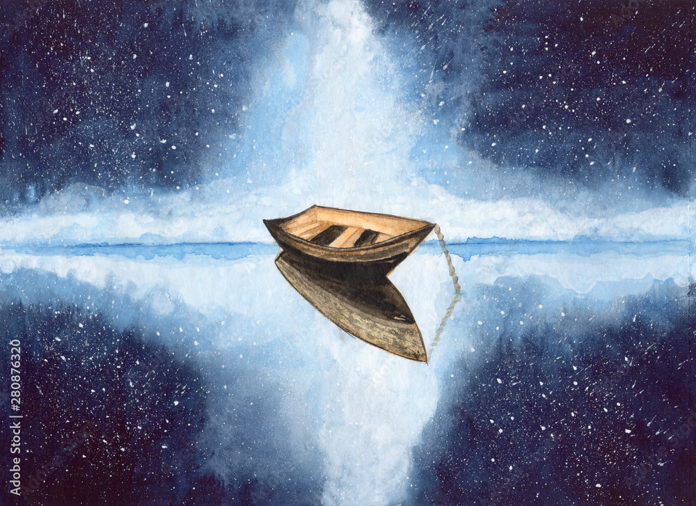 Watercolor picture of a fishing boat with it's reflection on the dark water  at starry night and Milky Way Stock Illustration