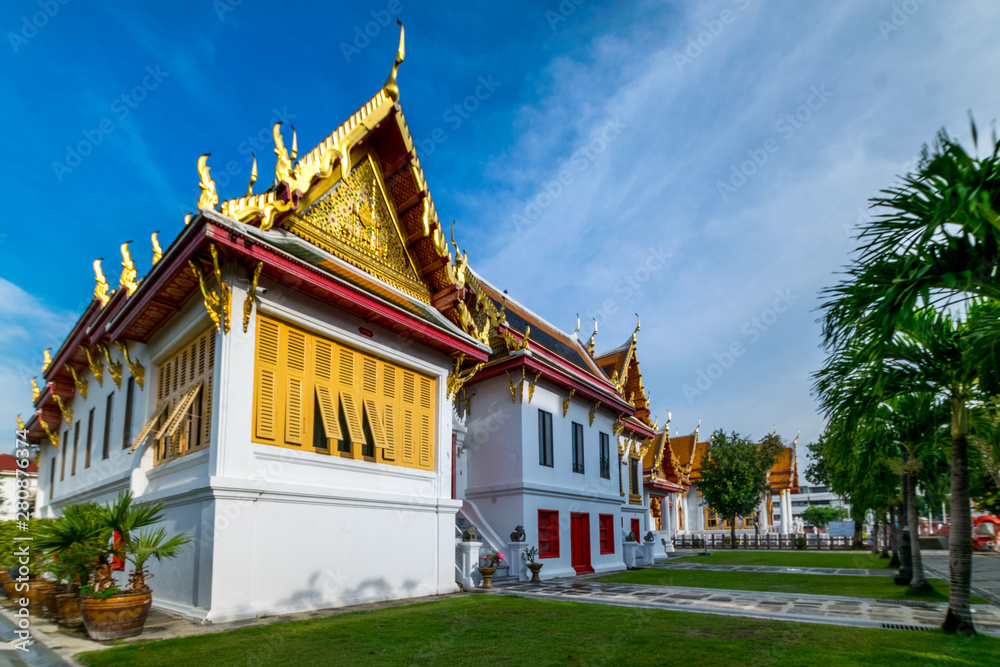 Bangkok, Thailand Dec. 1, 2017 : Songphanuad Hall , Phrathinanagsongphanuad at the Marble Temple, Wat Benchamabophit Dusitvanaram with blue sky background , Bangkok THAILAND