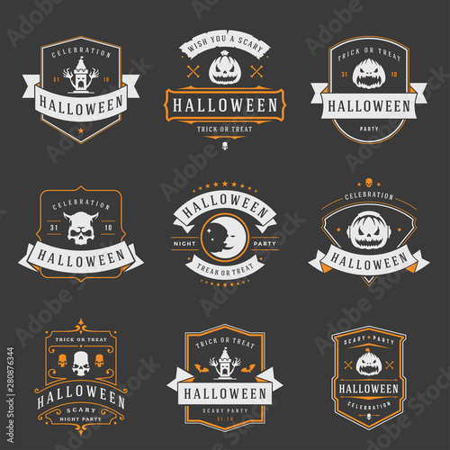 Happy halloween labels and badges design set vintage typography templates for greeting cards banners vector illustration