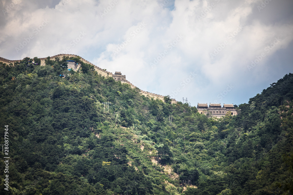 Great Wall of China in summer landscape with beautiful sky. 