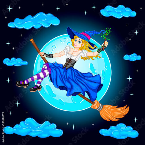 Charmer flies on a broomstick on the background of the moon