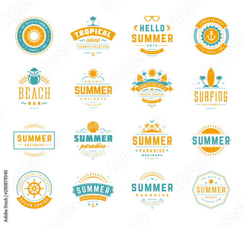 Summer holidays labels and badges retro typography design set vector illustration.