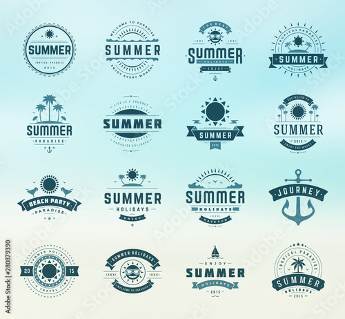 Summer holidays labels and badges retro typography design set vector illustration.