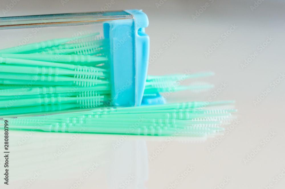 Toothbrushes for interdental spaces close up. Oral hygiene health concept.