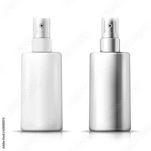 Vector set - 3d realistic plastic and metallic spray bottles with transparent cap, with reflection. Mock-up for product package branding.