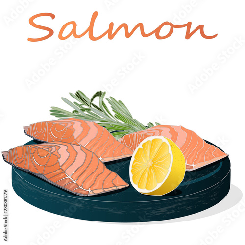 Raw salmon fillets with herbs on wooden desk. White background. Vector illustration